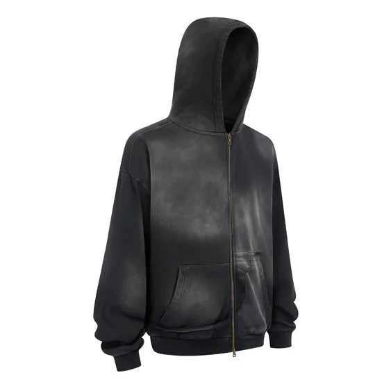 100% Cotton Monkey Wash Zip Hoodie Raw Edge Distressed Kangaroo Pocket Custom Logo Wholesale