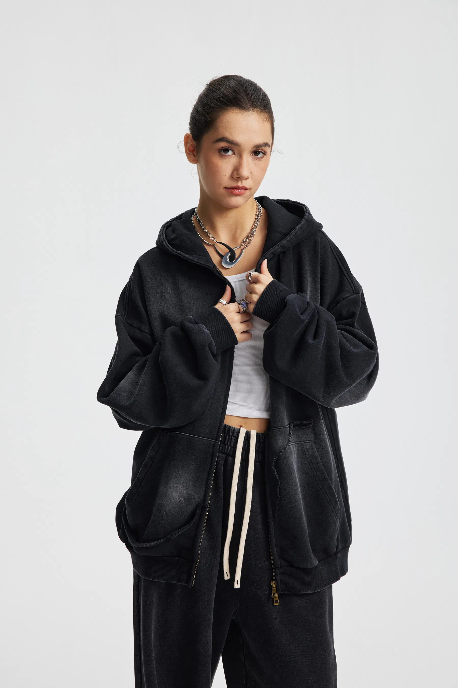 100% Cotton Monkey Wash Zip Hoodie Raw Edge Distressed Kangaroo Pocket Custom Logo Wholesale