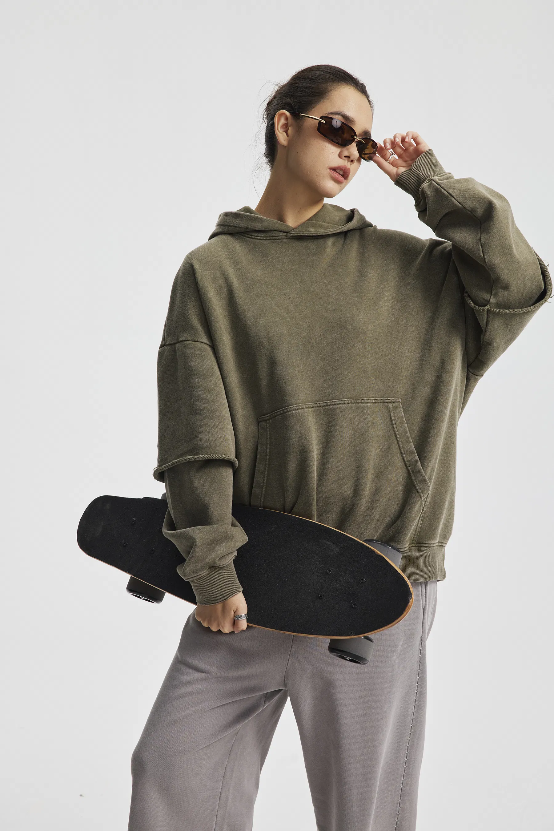 Oversized Raw Edge Fake Sleeve Hoodie Washed Cotton Custom Design Bulk Order Available