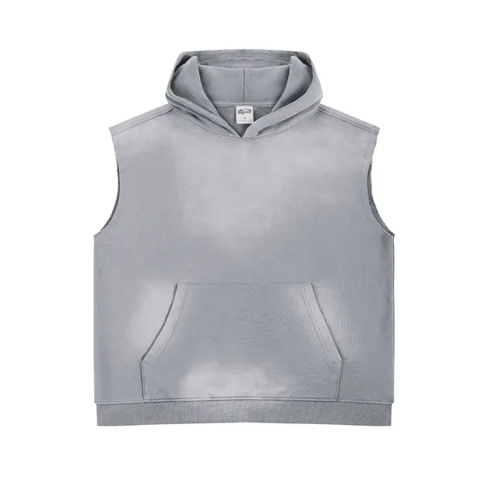 Custom Brand Logo Spray Dyed Raw Edge Hood Vest 100% Cotton Wholesale Factory Low Price