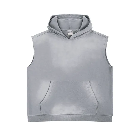 Custom Brand Logo Spray Dyed Raw Edge Hood Vest 100% Cotton Wholesale Factory Low Price