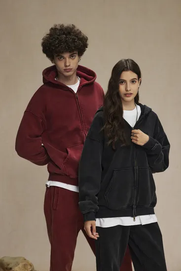 Fleece Lined Wax Wash Zip Hoodie Double Zipper Custom Logo Embroidery Bulk Wholesale Supply