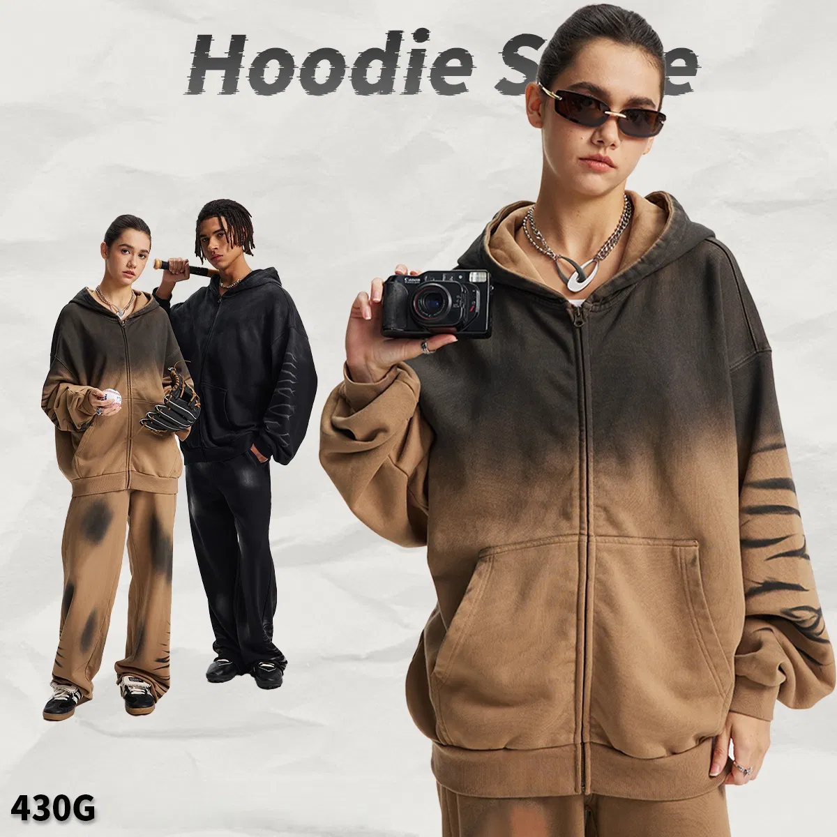 Spray Monkey Wash Gradient Distressed Zip Hoodie Custom Logo Embroidery DTG Bulk Wholesale