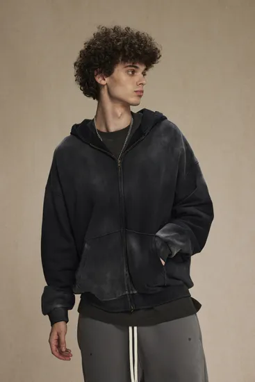Gradient Ombre Washed Full Zip Cotton Hoodie Custom Logo Embroidery Dtf Bulk Wholesale