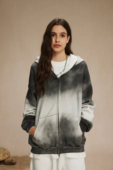 Dirty Gradient Wash Zip Hoodie Double Zipper Custom Logo Embroidery Bulk Wholesale Supply