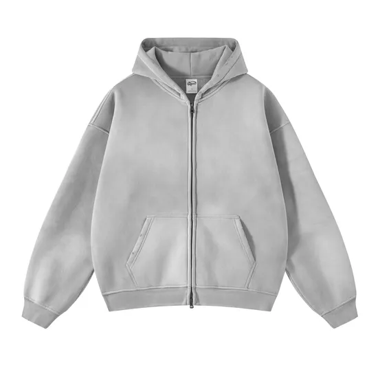 Fleece Lined Spray Wash Zip Hoodie Raw Edge Custom Logo Embroidery Bulk Wholesale Supply