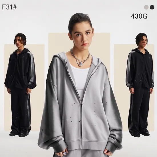 Splatter Paint Washed Full Zip Cotton Hoodie Custom Logo Embroidery Dtf Bulk Wholesale