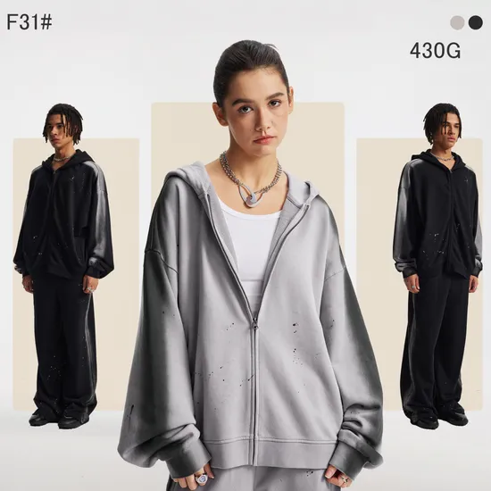 Splatter Paint Washed Full Zip Cotton Hoodie Custom Logo Embroidery Dtf Bulk Wholesale