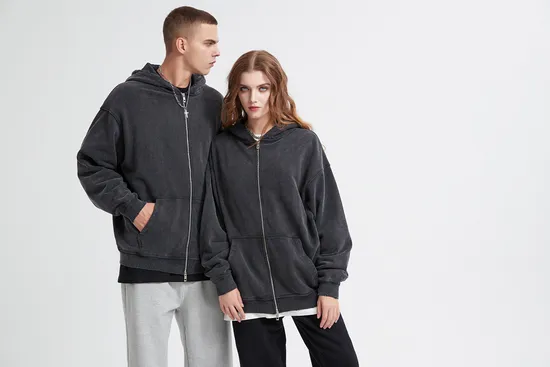 Acid Washed Black Gray Full Zip Cotton Hoodie Custom Logo Embroidery Dtf Bulk Wholesale