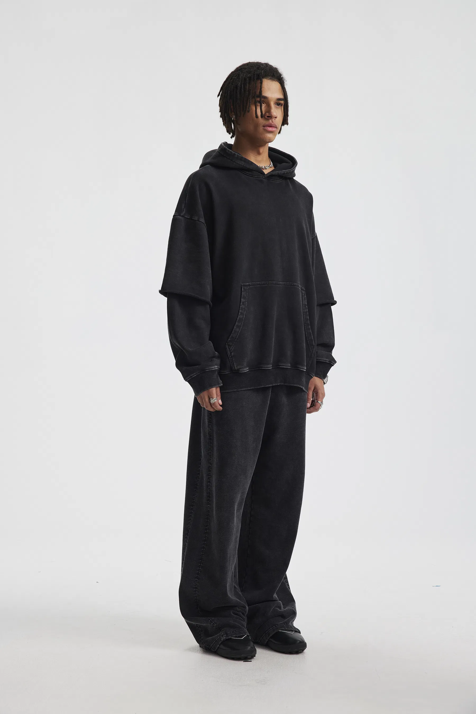 Oversized Raw Edge Fake Sleeve Hoodie Washed Cotton Custom Design Bulk Order Available