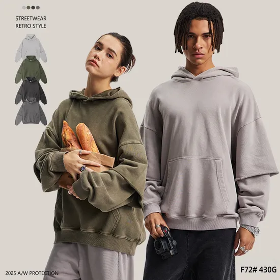 Oversized Raw Edge Fake Sleeve Hoodie Washed Cotton Custom Design Bulk Order Available