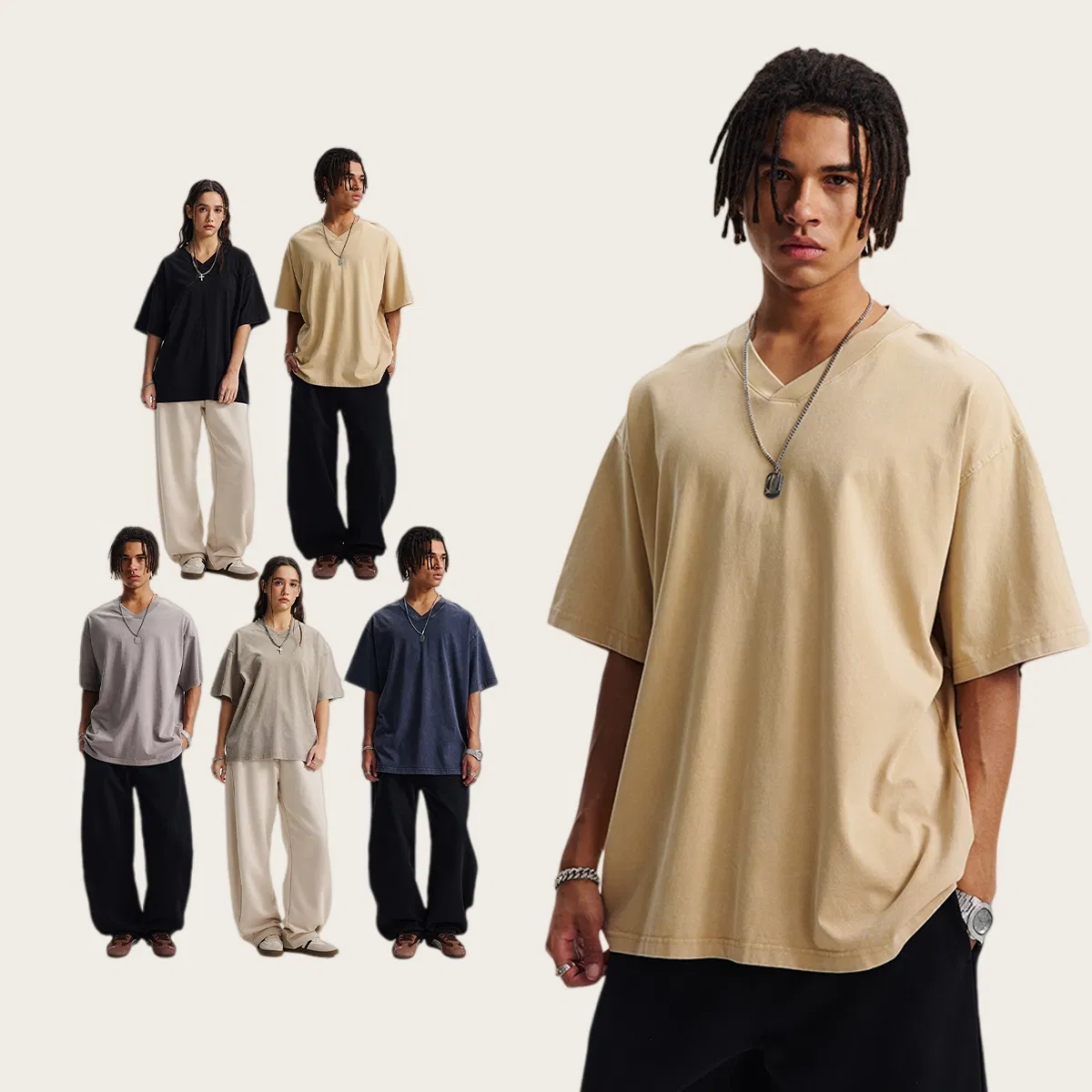 Drop Shoulder Unisex Loose V Cotton Tee Custom Art Embroidery DTG Large Quantity Wholesale Supply
