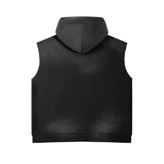 Custom Brand Logo Spray Dyed Raw Edge Hood Vest 100% Cotton Wholesale Factory Low Price