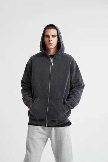 Vintage Black Gray Oversized Zip up Hoodie Personal Custom Logo Factory Direct Bulk Sale