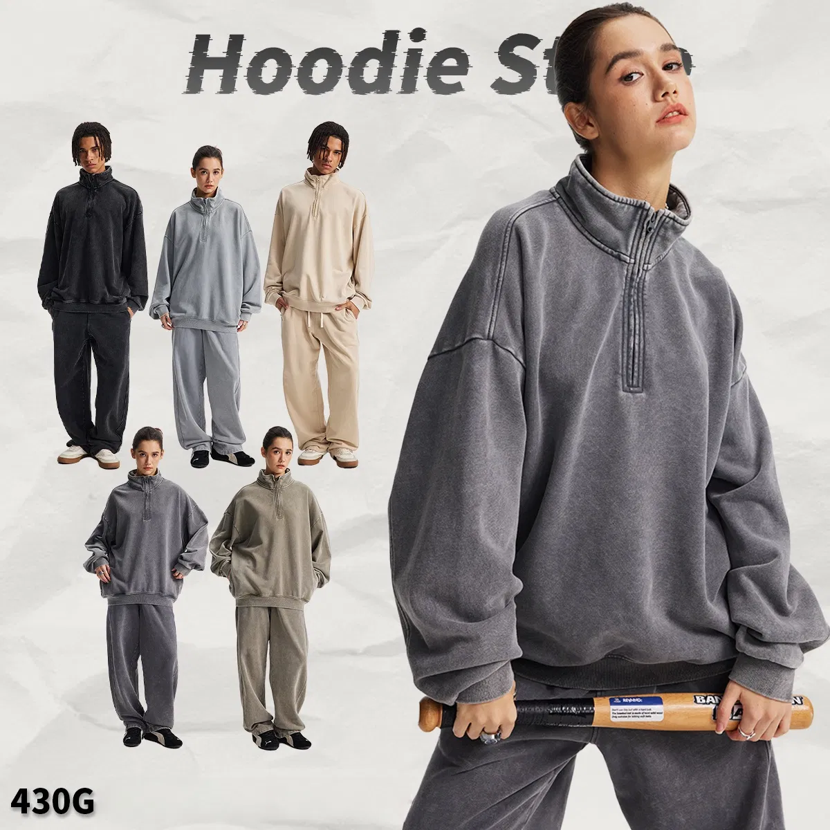 Vintage Washed Pure Cotton Half Zip Pullover Custom Logo Embroidery Dtf Bulk Wholesale