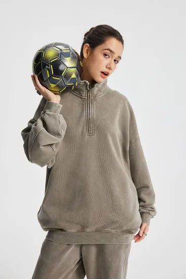 Vintage Washed Pure Cotton Half Zip Pullover Custom Logo Embroidery Dtf Bulk Wholesale