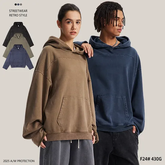 100% Cotton Front Back Spliced Hoodie Raw Edge Wax Wash Wasteland Custom Logo Wholesale