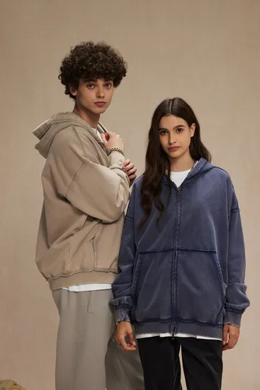 Kangaroo Pocket Raw Edge Hooded Zip Sweatshirt Custom Brand Bulk Production Service