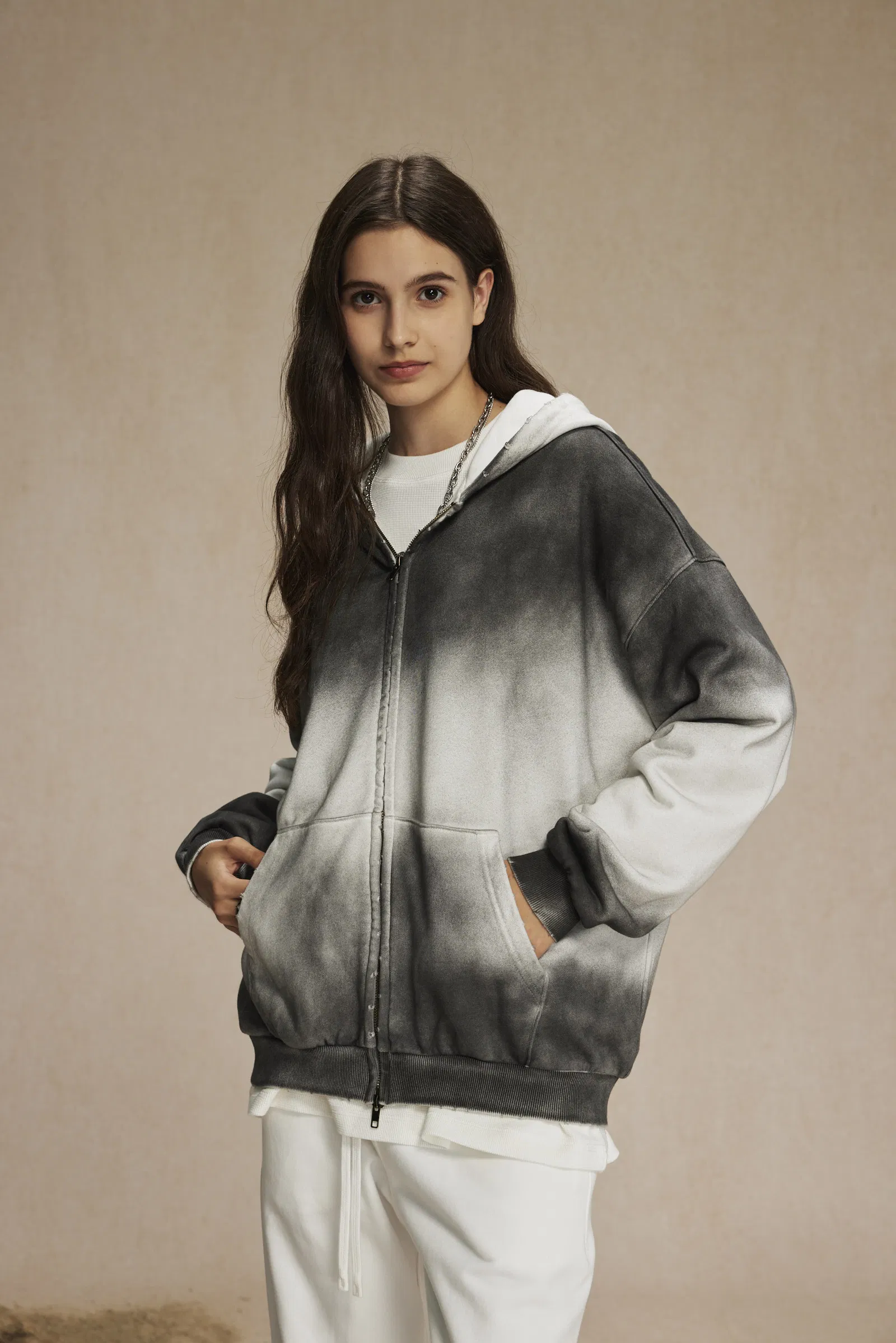 Gradient Ombre Washed Full Zip Cotton Hoodie Custom Logo Embroidery Dtf Bulk Wholesale