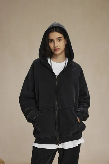 Fleece Lined Wax Wash Zip Hoodie Double Zipper Custom Logo Embroidery Bulk Wholesale Supply