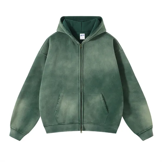 Fleece Lined Spray Wash Zip Hoodie Raw Edge Custom Logo Embroidery Bulk Wholesale Supply