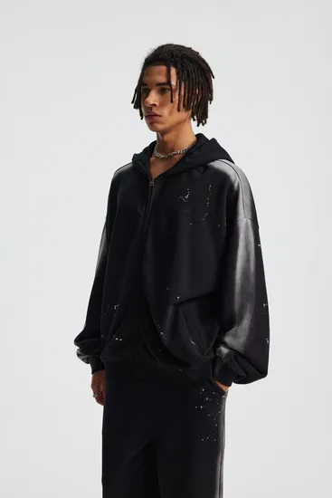 Splatter Paint Washed Full Zip Cotton Hoodie Custom Logo Embroidery Dtf Bulk Wholesale