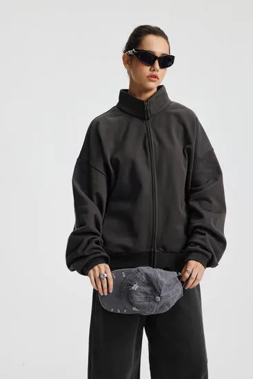 Classic Stand Collar Boxy Sweat Jacket Custom Logo for Casual Brand Bulk Procurement