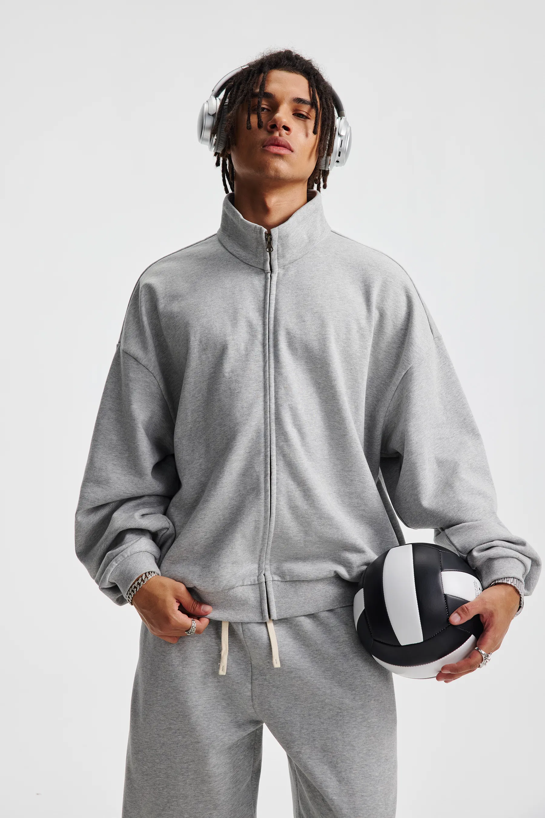 Streetwear Oversized Stand Collar Zip Jacket Custom Brand Logo Dtf Print for Retail Wholesale