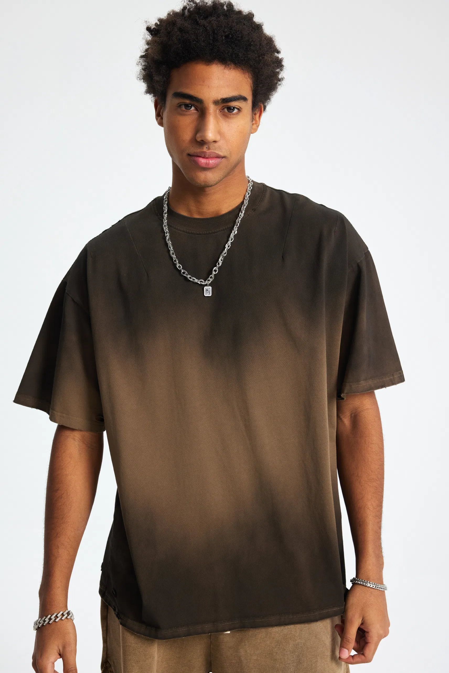 Gradient Tie Dye Frayed Washed Vintage Cotton Tee Support Custom Logo Embroidery DTG Bulk Wholesale Order