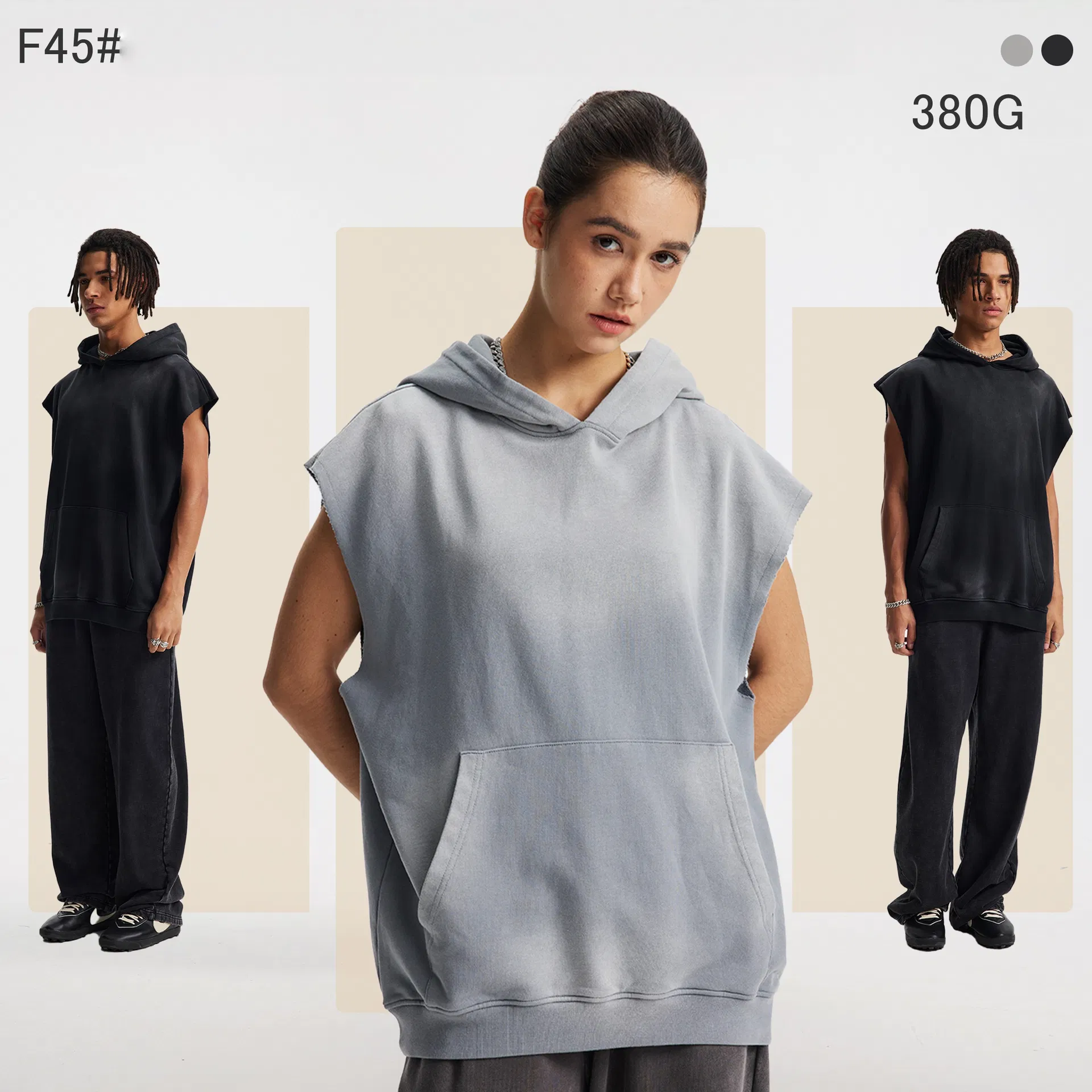 Custom Brand Logo Spray Dyed Raw Edge Hood Vest 100% Cotton Wholesale Factory Low Price