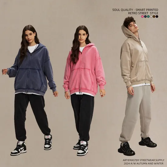 Classic Washed Multi-Color Full Zip Cotton Hoodie Custom Logo Wholesale for Clothing