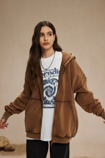 Kangaroo Pocket Raw Edge Hooded Zip Sweatshirt Custom Brand Bulk Production Service