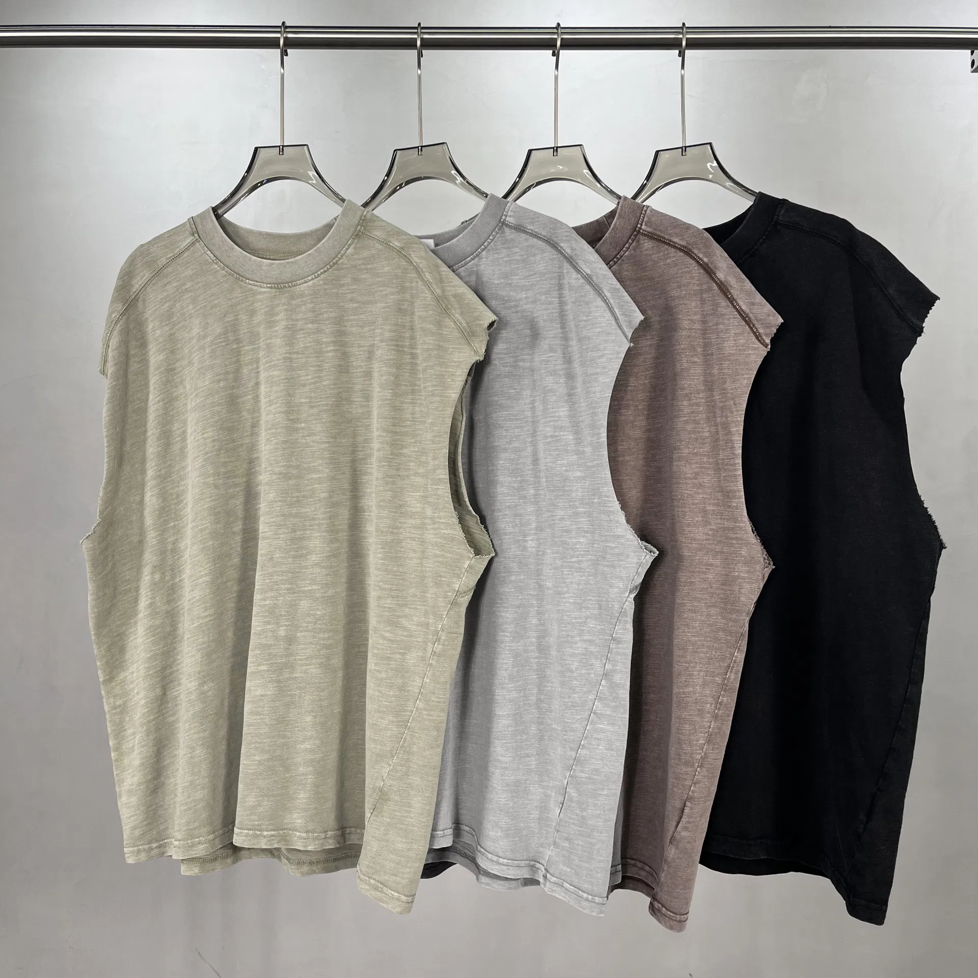 Distressed Washed Raw Cut Armhole Tank Top Streetwear Basic Sleeveless Tee