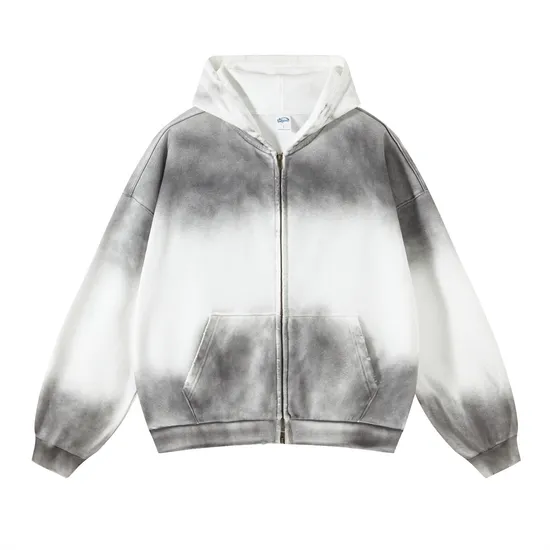 Vintage Gray White Ombre Zip up Hoodie Personal Custom Logo Factory Direct Bulk Sale