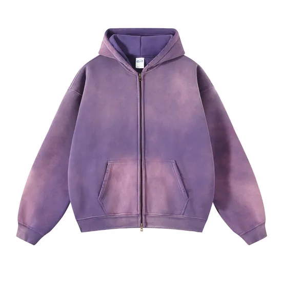Fleece Lined Spray Wash Zip Hoodie Raw Edge Custom Logo Embroidery Bulk Wholesale Supply