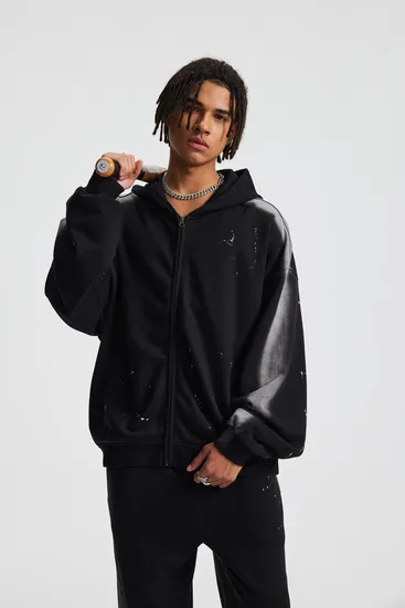 Splatter Paint Washed Full Zip Cotton Hoodie Custom Logo Embroidery Dtf Bulk Wholesale