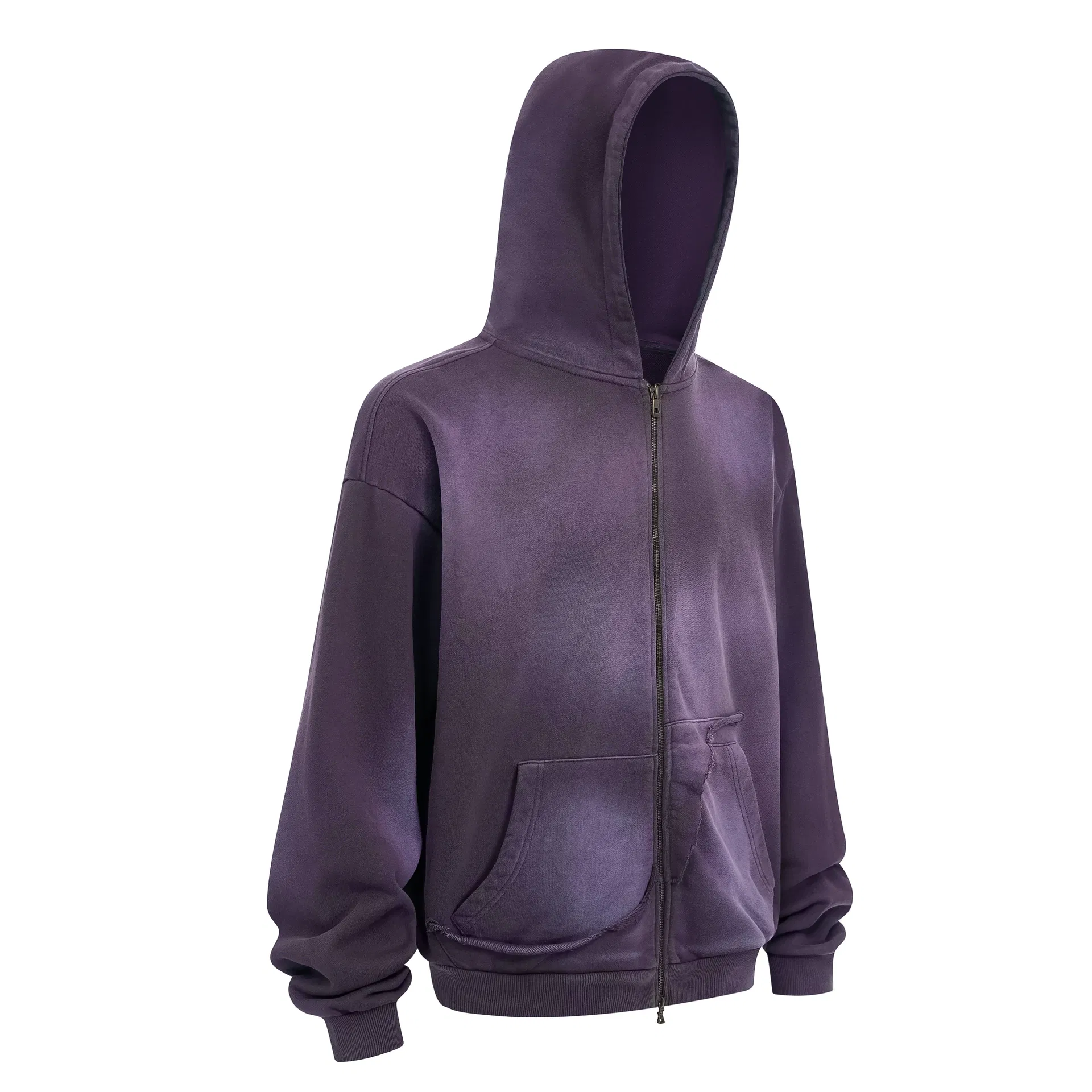 100% Cotton Monkey Wash Zip Hoodie Raw Edge Distressed Kangaroo Pocket Custom Logo Wholesale