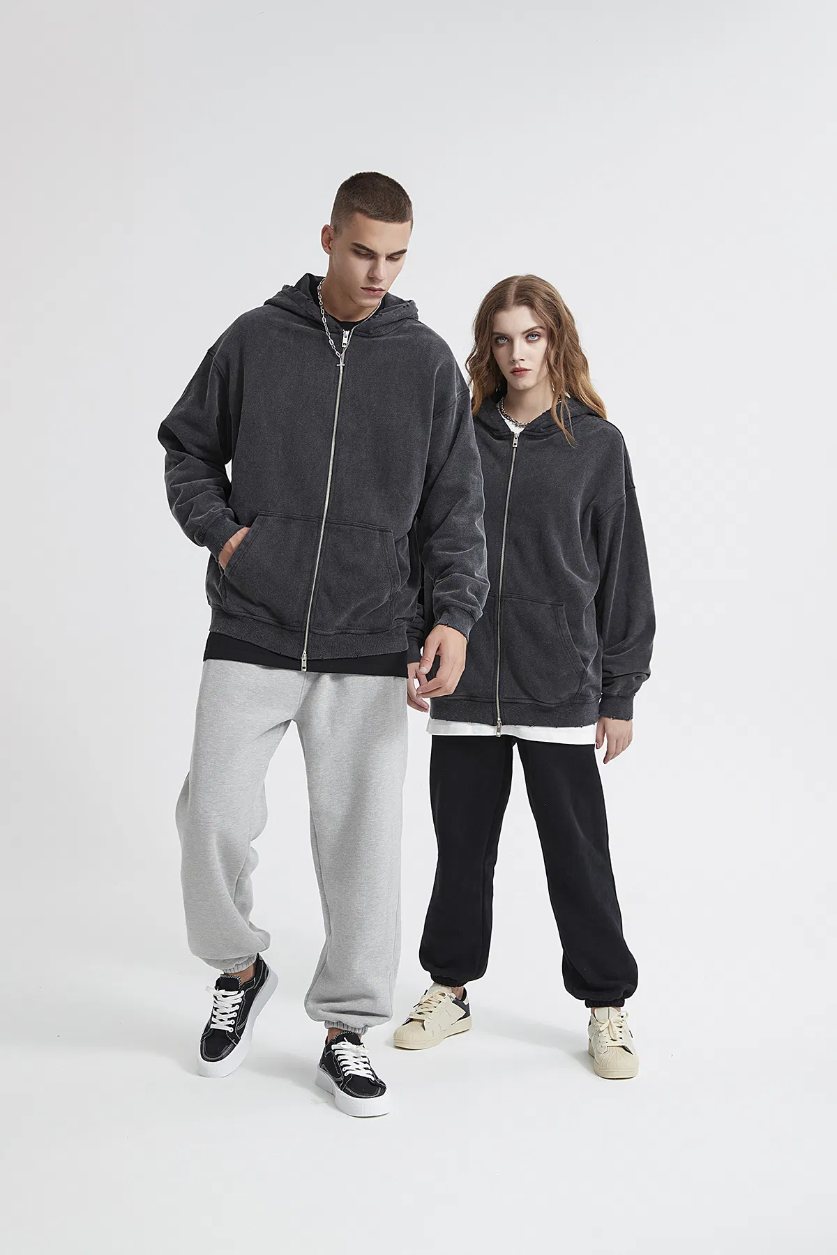 Acid Washed Black Gray Full Zip Cotton Hoodie Custom Logo Embroidery Dtf Bulk Wholesale