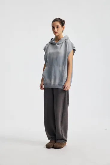 Custom Brand Logo Spray Dyed Raw Edge Hood Vest 100% Cotton Wholesale Factory Low Price