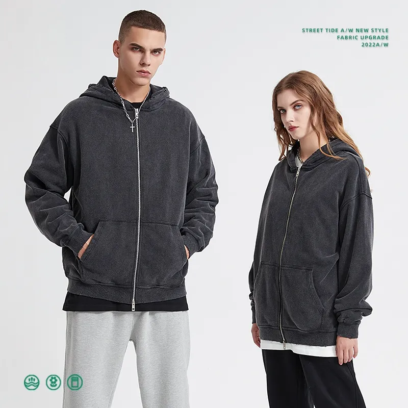 Vintage Black Gray Oversized Zip up Hoodie Personal Custom Logo Factory Direct Bulk Sale