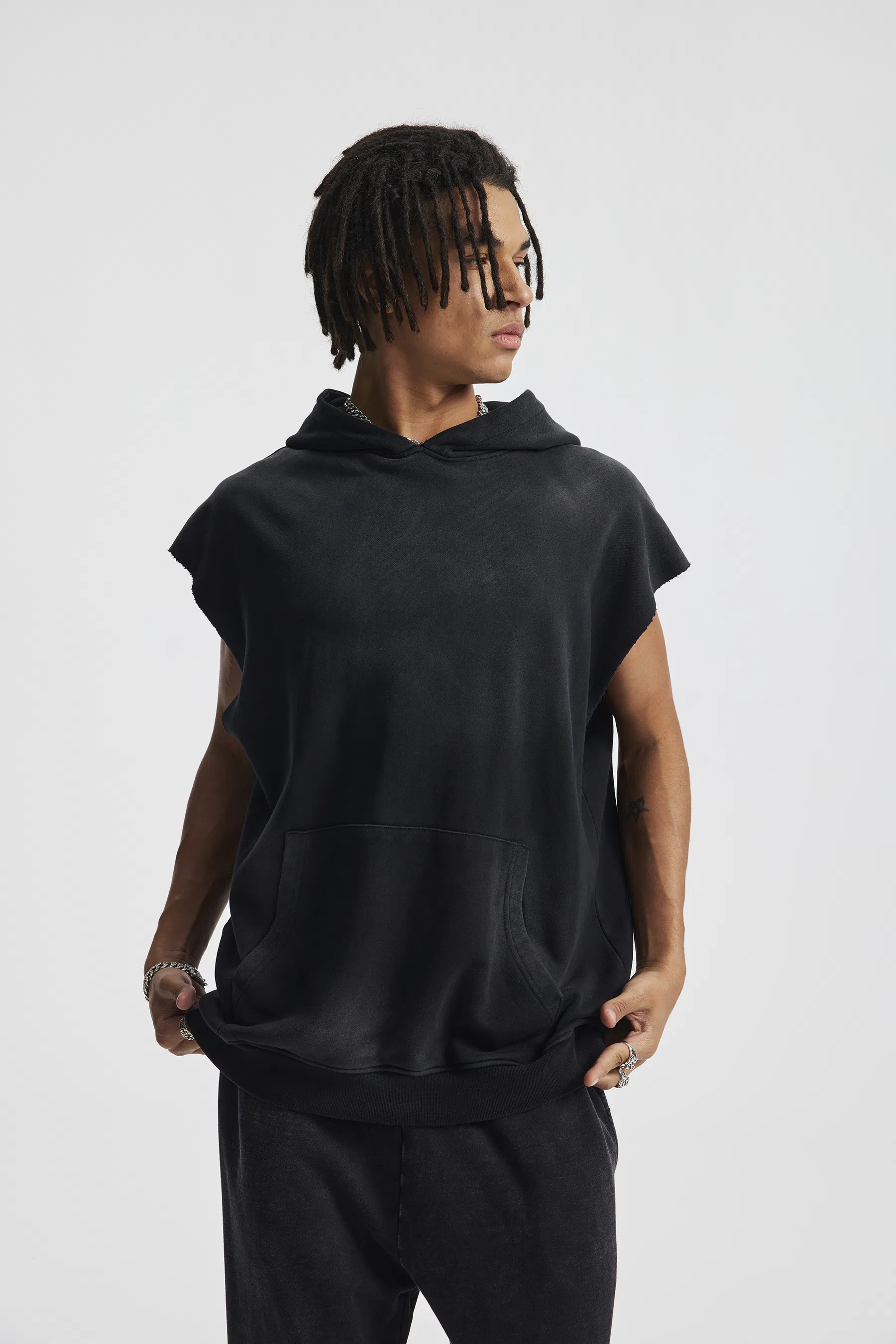 Custom Brand Logo Spray Dyed Raw Edge Hood Vest 100% Cotton Wholesale Factory Low Price