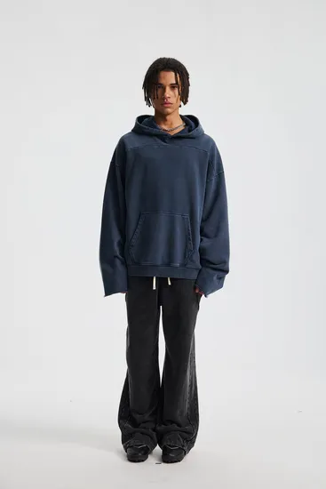 100% Cotton Front Back Spliced Hoodie Raw Edge Wax Wash Wasteland Custom Logo Wholesale