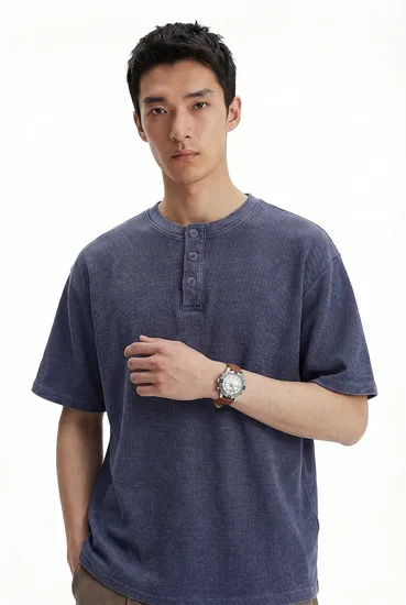 100% Cotton Henley Tee Custom Logo Embroidery DTG Print Bulk Wholesale Apparel