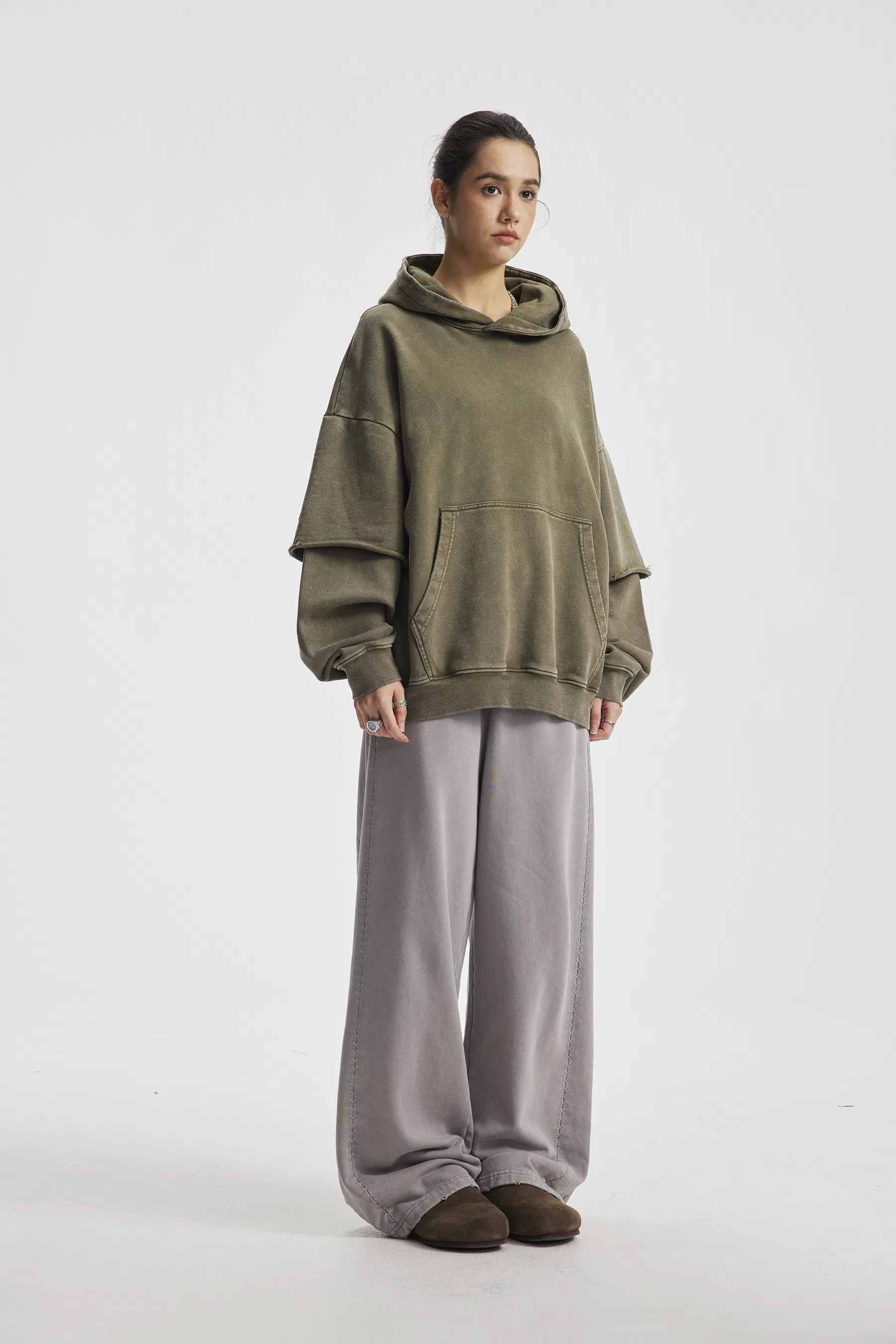 Oversized Raw Edge Fake Sleeve Hoodie Washed Cotton Custom Design Bulk Order Available