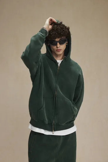 Heavyweight Cotton Washed Zip Hoodie Custom Logo Embroidery Bulk Apparel Order