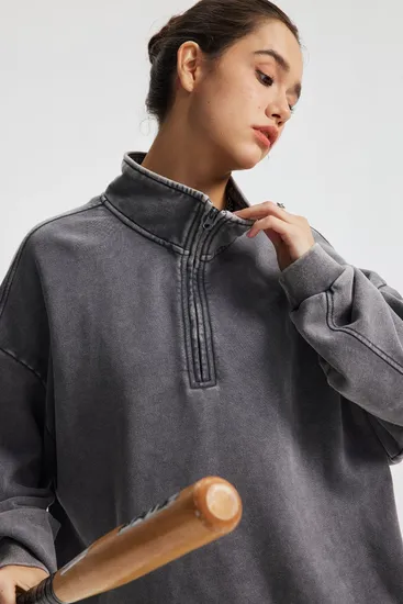 Retro Streetwear Washed Half Zip Sweatshirt Custom Brand Logo Dtf for Retail Wholesale