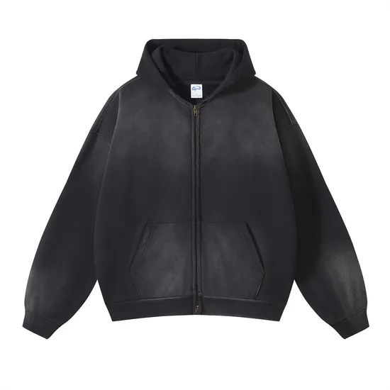 Gradient Ombre Washed Full Zip Cotton Hoodie Custom Logo Embroidery Dtf Bulk Wholesale