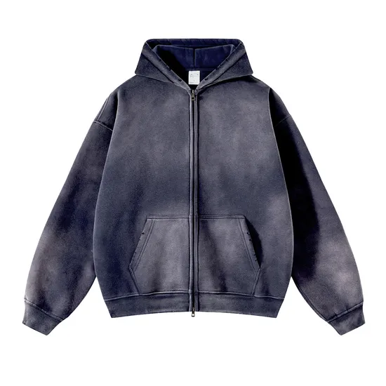 Fleece Lined Spray Wash Zip Hoodie Raw Edge Custom Logo Embroidery Bulk Wholesale Supply