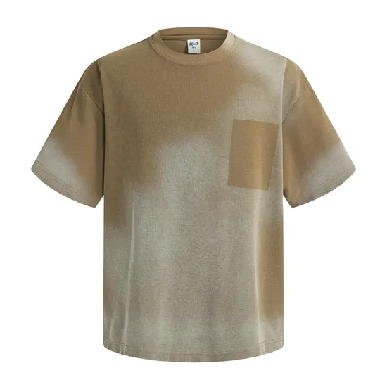 Gradient Washed Pocket Pure Cotton Tee Support Custom Logo Embroidery DTG Bulk Wholesale Order