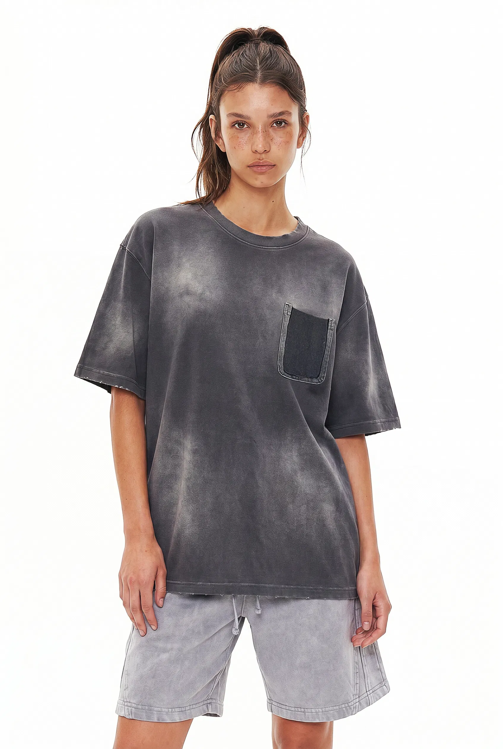 Neutral Tone Ombre Pocket Cotton Tee Allows Small Batch Custom Embroidery and DTG Service